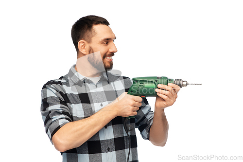 Image of happy man, worker or builder with drill