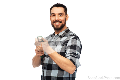 Image of happy man, worker or builder with drill