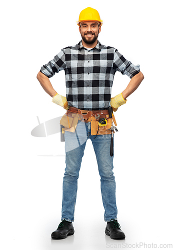Image of happy male worker or builder in helmet