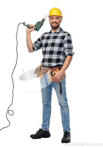 Image of happy male worker or builder in helmet with drill