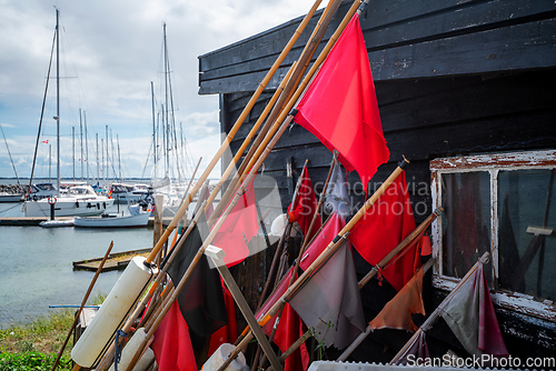 Image of Red signal flags at a maritime harbor