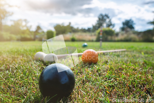 Image of Croquet outdoor game on a lawn