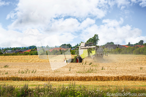 Image of Harvester near the city on a golden field.