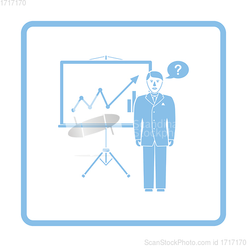 Image of Clerk near analytics stand icon