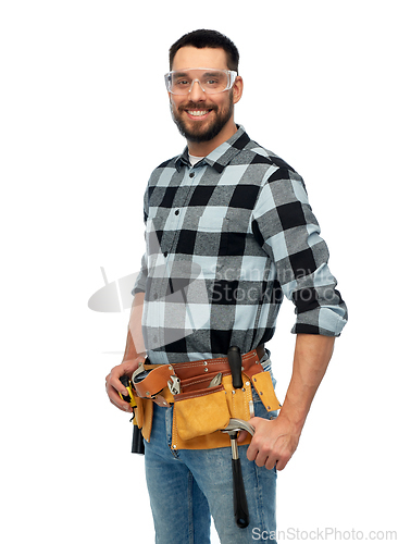 Image of happy male worker or builder with tool belt