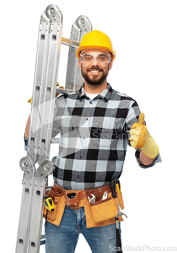Image of happy male worker or builder in helmet with ladder