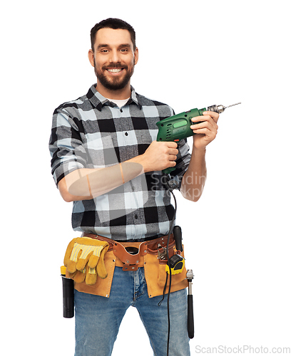 Image of happy male worker or builder with drill and tools