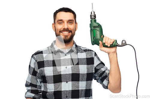 Image of happy man, worker or builder with drill