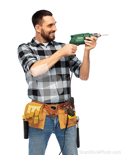 Image of happy male worker or builder with drill and tools