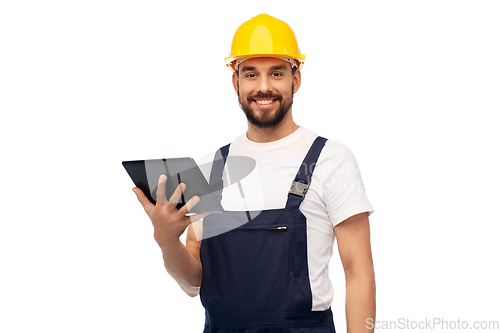 Image of happy male worker or builder with tablet computer
