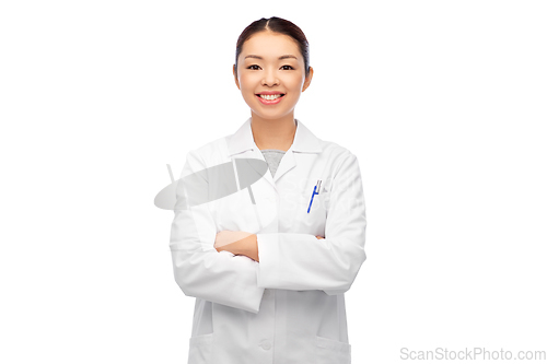 Image of happy smiling asian female doctor in white coat