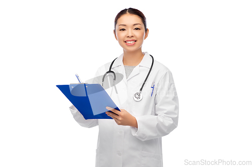 Image of happy smiling asian female doctor with clipboard
