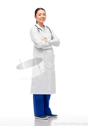 Image of happy smiling asian female doctor in white coat