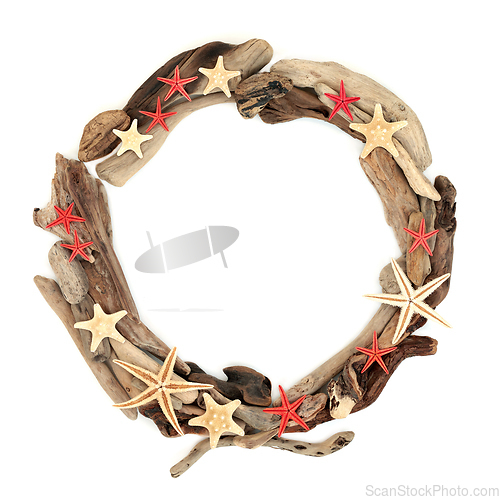 Image of Abstract Driftwood Wreath Sculpture with Starfish Seashells 