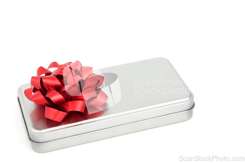 Image of Elegant Silver Grey Metal Gift Box and Red Bow