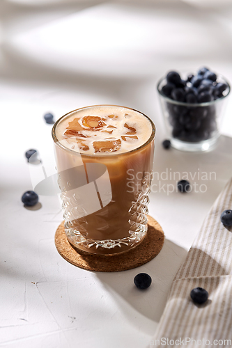 Image of glass of ice coffee on cork drink coaster