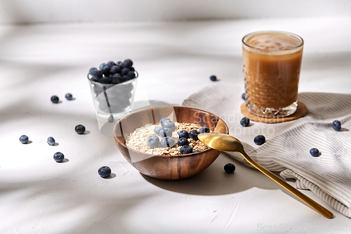 Image of oatmeal with blueberries, spoon and coffee