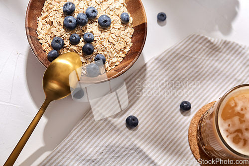 Image of oatmeal with blueberries, spoon and coffee