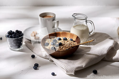 Image of oatmeal with blueberries, milk and cup of coffee