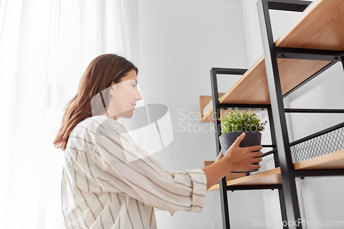 Image of woman decorating home with flower or houseplant