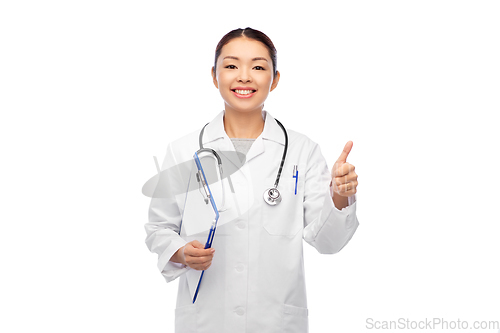 Image of female doctor with clipboard showing thumbs up