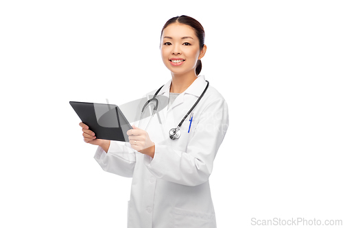 Image of asian female doctor with tablet pc and stethoscope