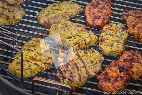 Image of Grilled pork chops with spices on a hot grill