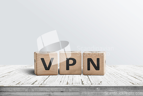 Image of VPN word on wooden block sign