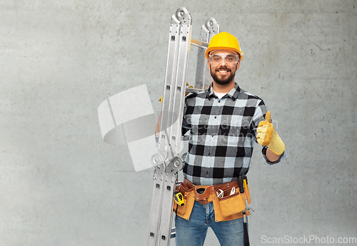 Image of happy male worker or builder in helmet with ladder