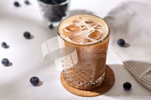Image of glass of ice coffee on cork drink coaster
