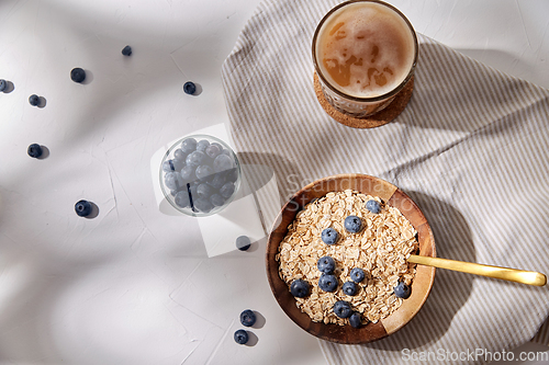 Image of oatmeal with blueberries, spoon and coffee