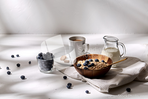 Image of oatmeal with blueberries, milk and cup of coffee