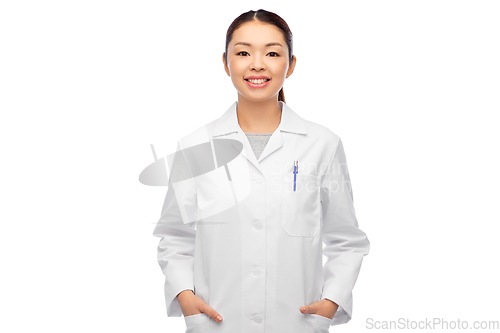 Image of happy smiling asian female doctor in white coat