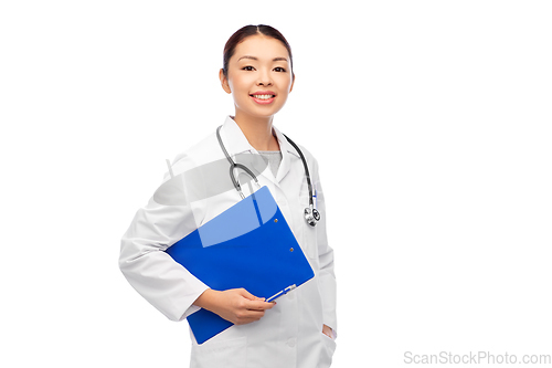 Image of happy smiling asian female doctor with clipboard