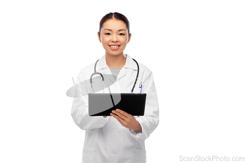 Image of asian female doctor with tablet pc and stethoscope