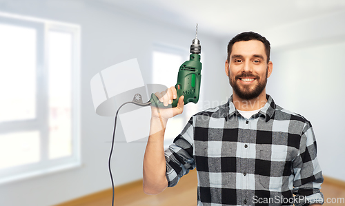 Image of happy man, worker or builder with drill