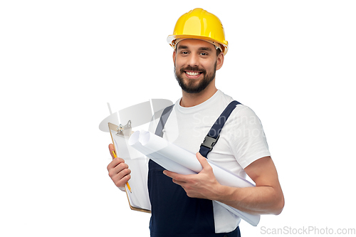 Image of worker or builder with clipboard and blueprint
