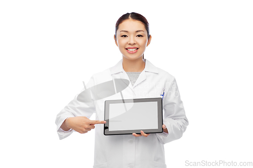 Image of happy asian female doctor with tablet pc computer