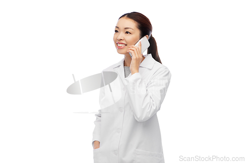 Image of asian female doctor or nurse calling on smartphone