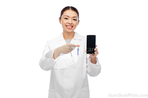 Image of happy asian female doctor or nurse with smartphone