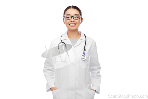 Image of happy smiling asian female doctor in glasses