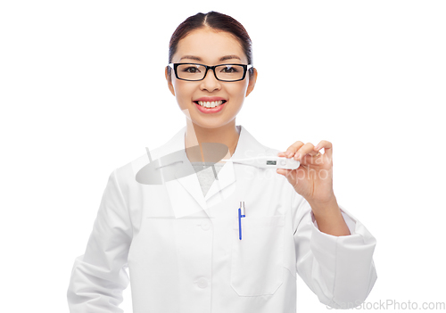 Image of asian female doctor or nurse with thermometer