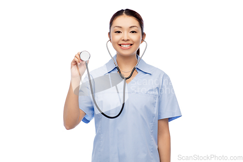Image of happy smiling asian female doctor with stethoscope