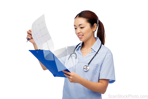 Image of happy smiling asian female doctor with cardiogram