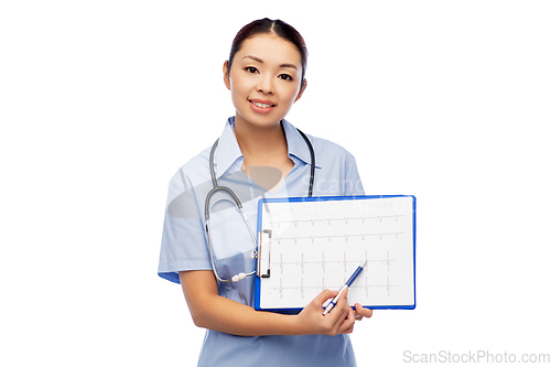 Image of happy smiling asian female doctor with cardiogram