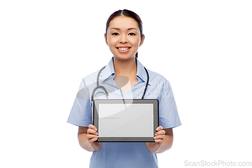 Image of asian female doctor with tablet pc and stethoscope