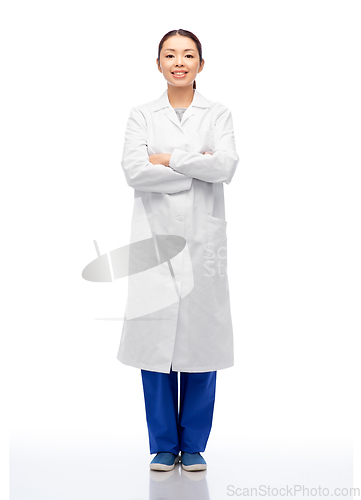 Image of happy smiling asian female doctor in white coat