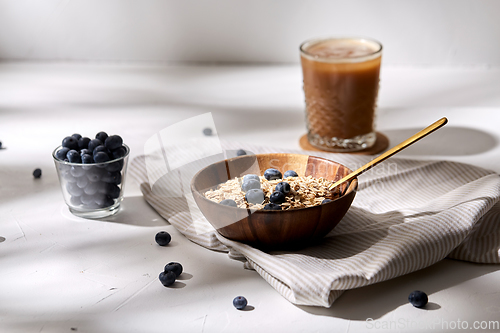 Image of oatmeal with blueberries, spoon and coffee