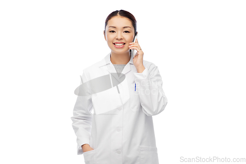 Image of asian female doctor or nurse calling on smartphone