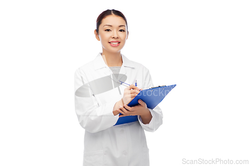 Image of happy smiling asian female doctor with clipboard